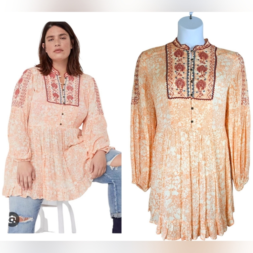 Anthropologie orange white embroidered tunic blouse top Womens 1X